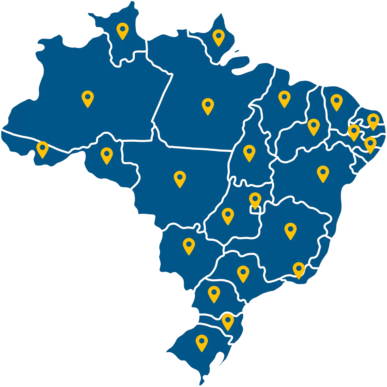 Imagem mapa do Brasil com marcações nos estados onde a Facioli está presente.
